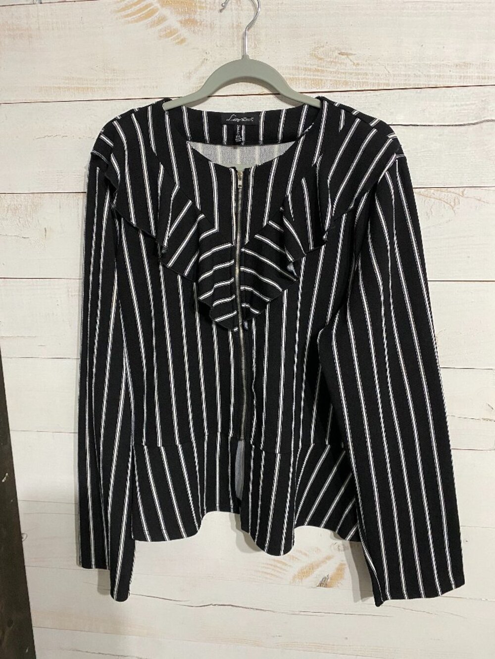 Love University Black White Striped Ruffle Zip Front Peplum Jacket 3XL